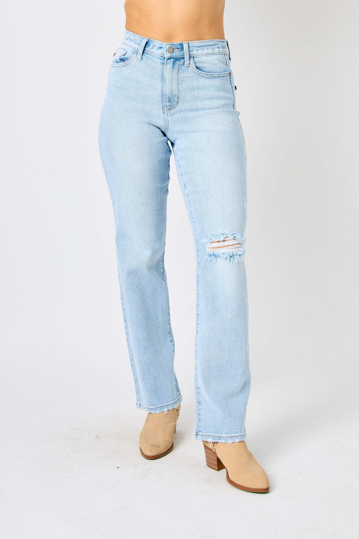 omen's Distressed High Waist Straight Leg Jeans