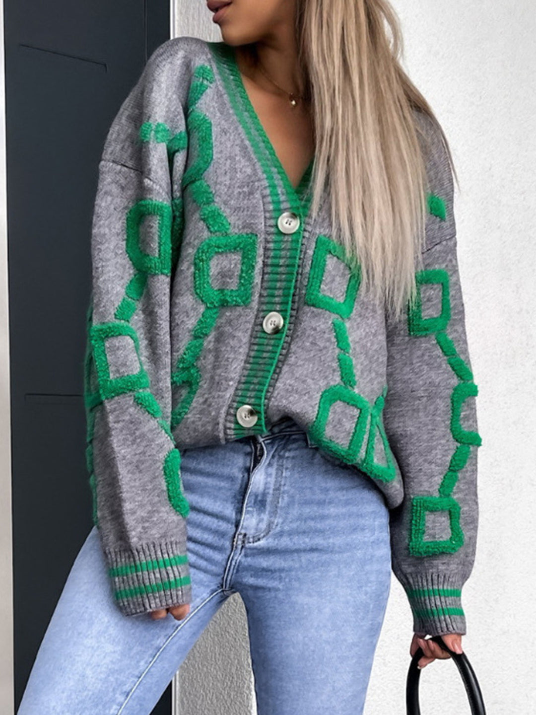 Women's Geometric Drop Shoulder Sweater Cardigan