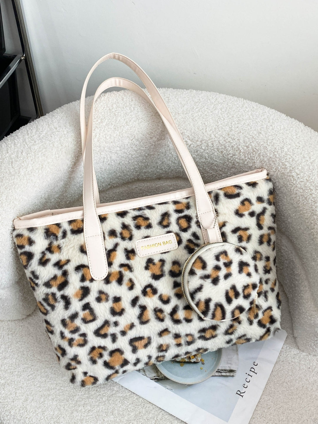 Leopard Faux Fur Tote Bag with Coin Purse