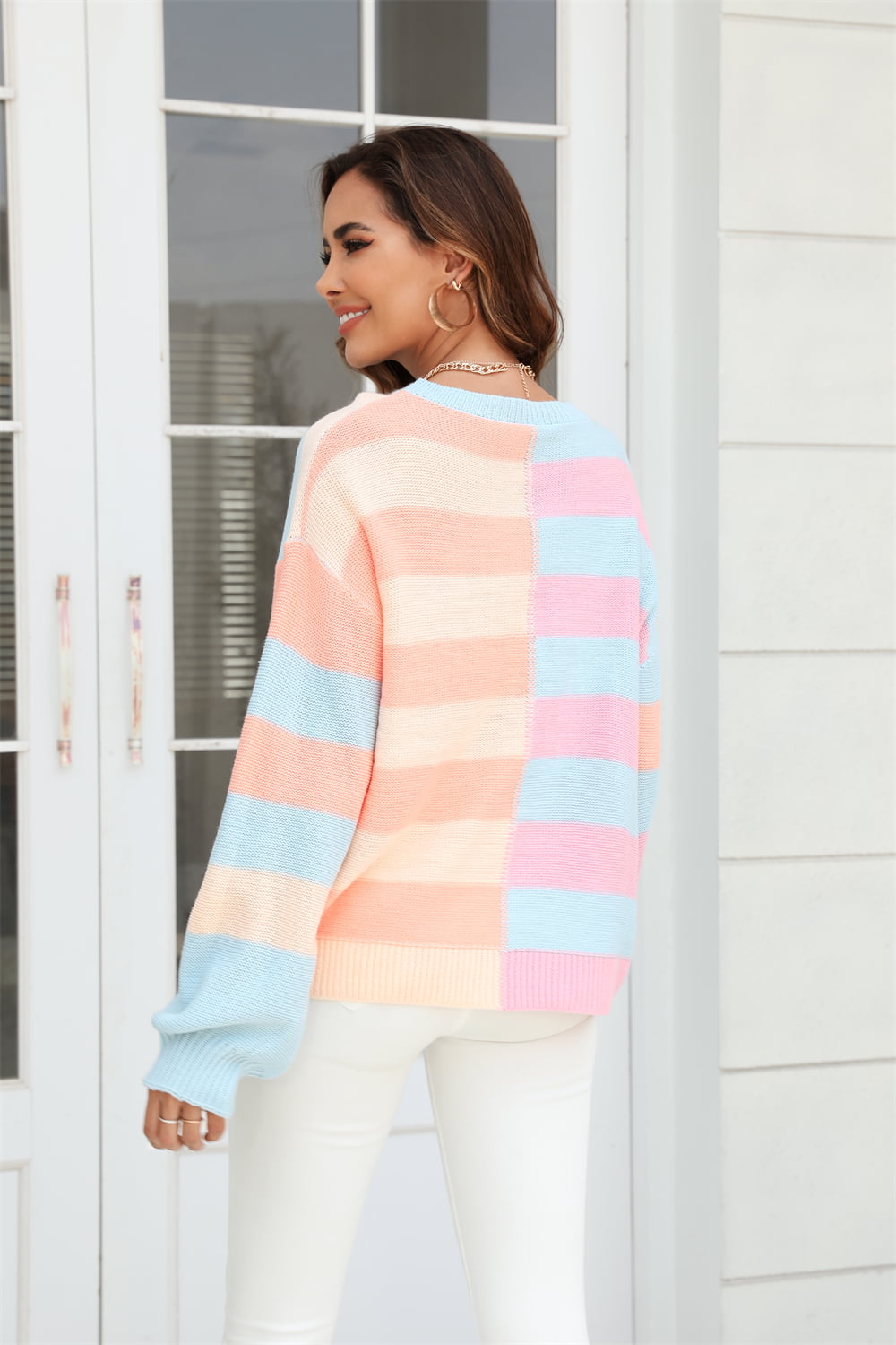 Women's Color Block Round Neck Dropped Shoulder Long Sleeve Sweater