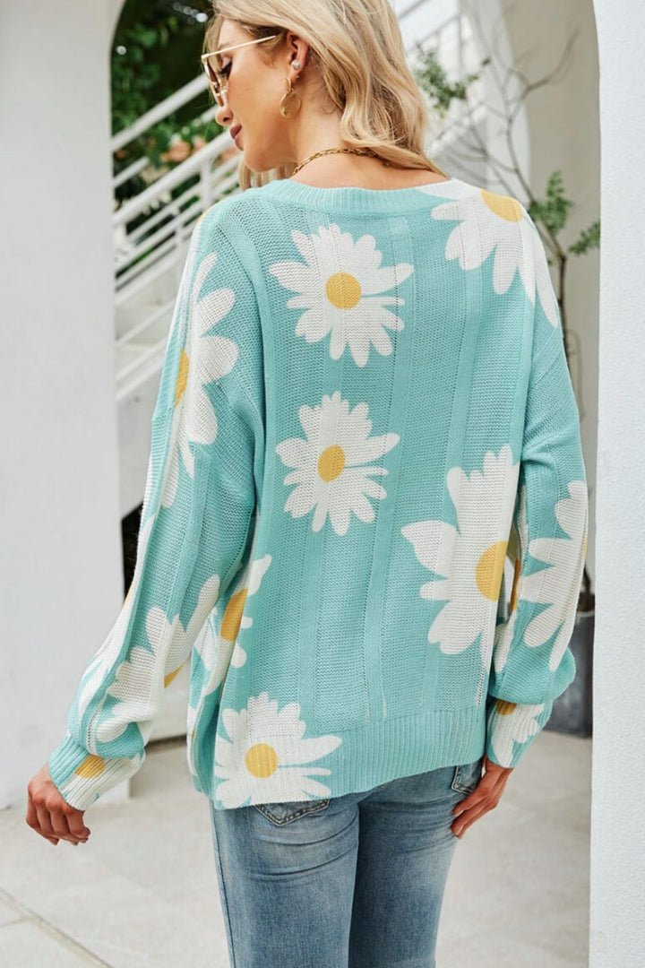 Women's Openwork Floral Daisy Print Round Neck Sweater