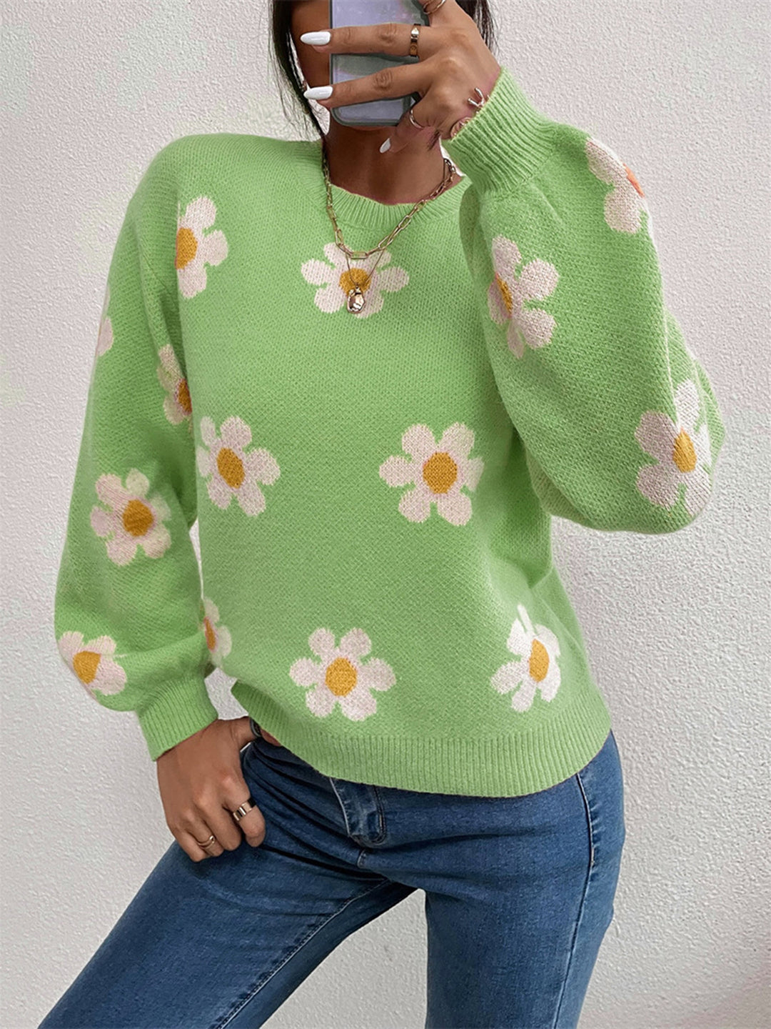 Women's Denim Floral Lantern Sleeve Sweater