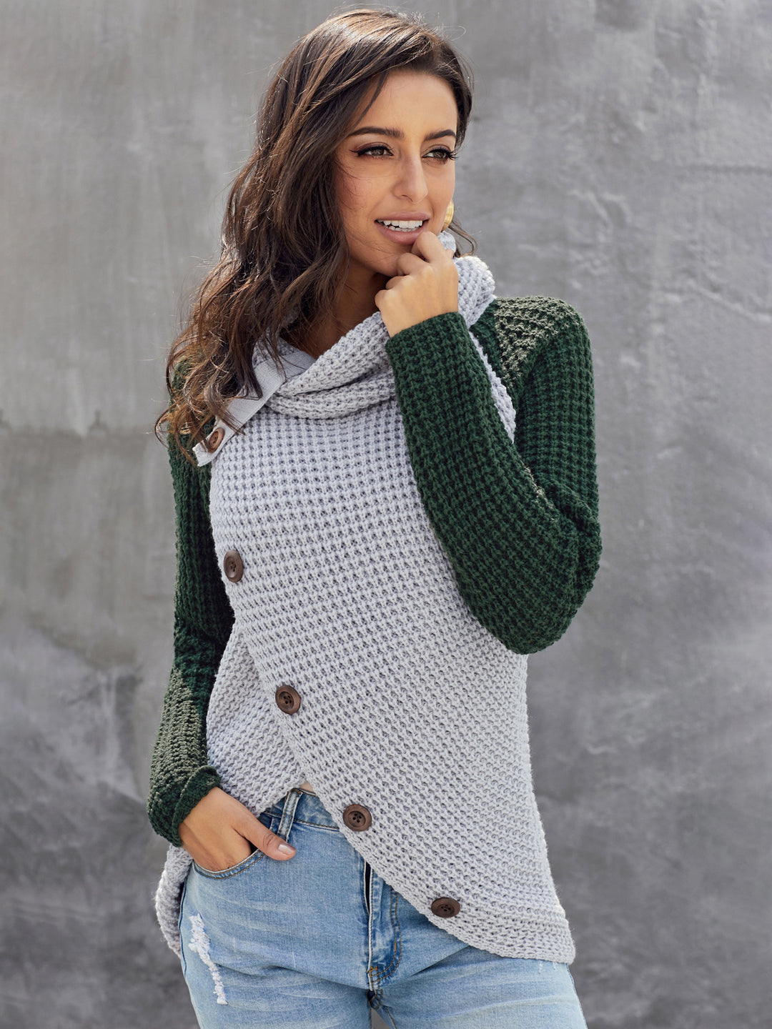 Women's Cozy Turtleneck Sweater with Decorative Buttons