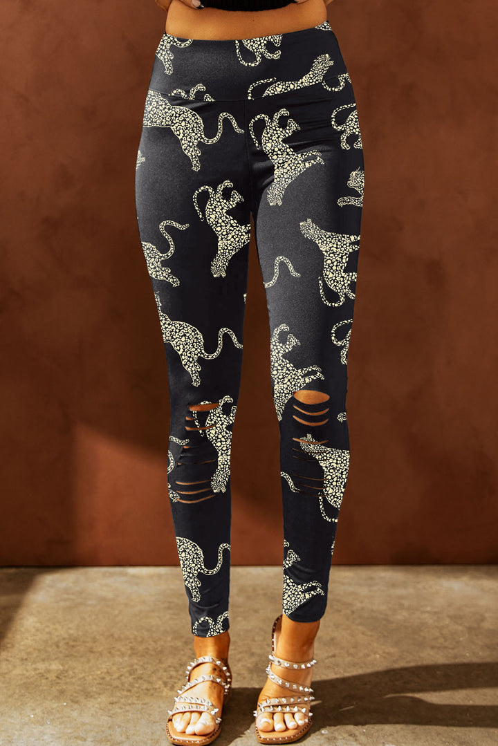 Women's Distressed Animal Print High Waist Leggings