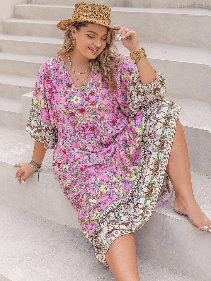 Plus Size Floral V-Neck Balloon Sleeve Midi Dress