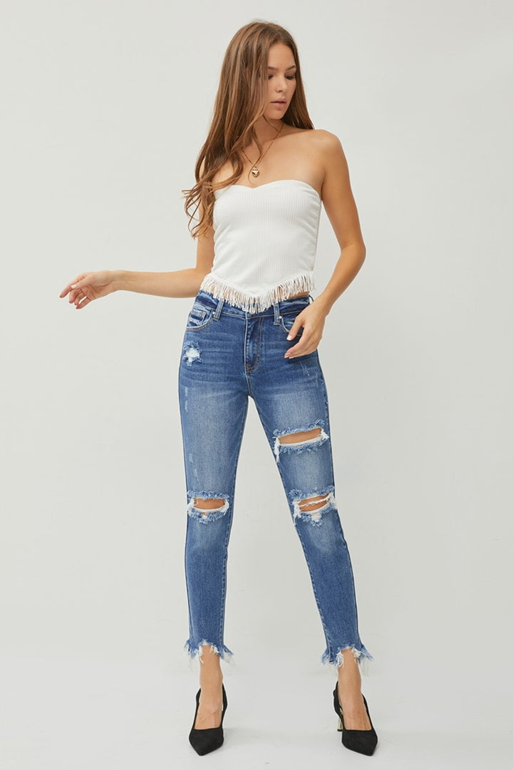 Women's Distressed Frayed Hem Slim Jeans