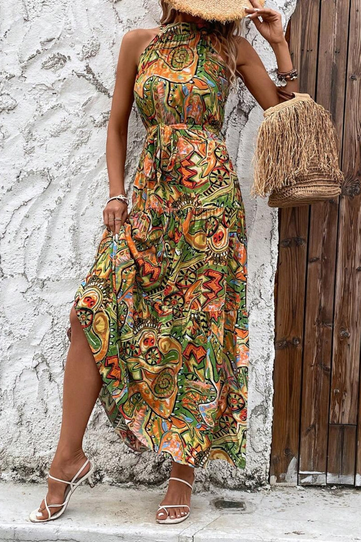 Women's Floral Tied Slit Sleeveless Dress