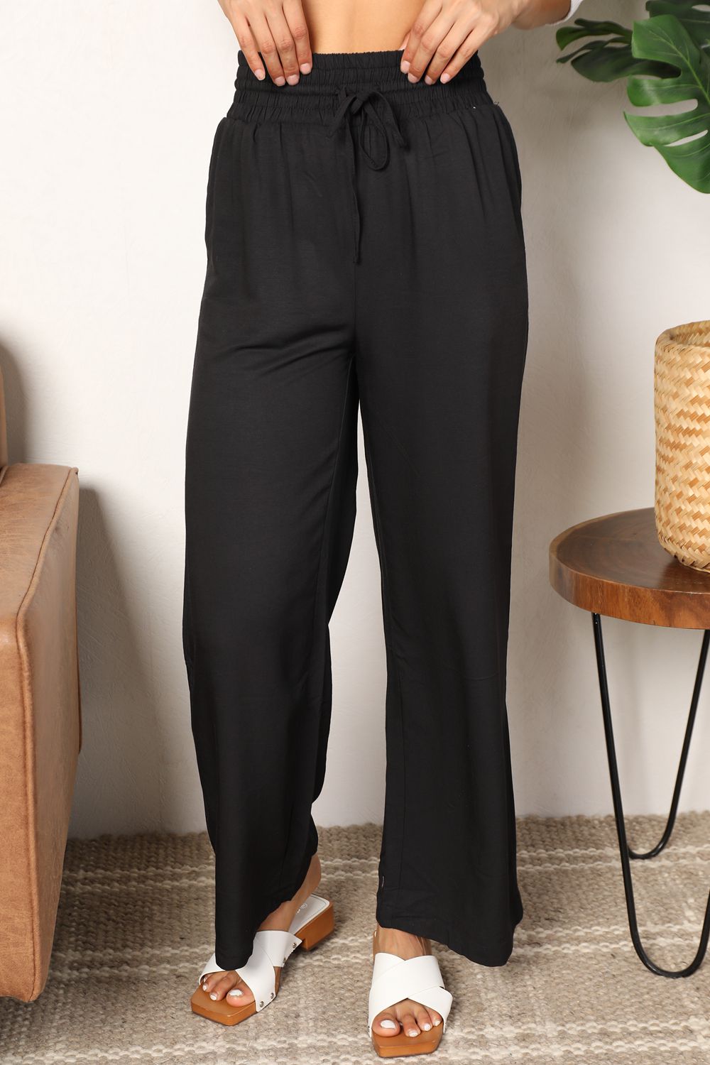 Women's Smocked Waist Wide Leg Pants (Double Take Drawstring Style)