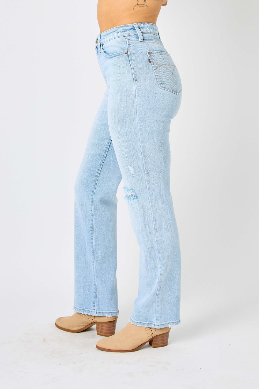 omen's Distressed High Waist Straight Leg Jeans