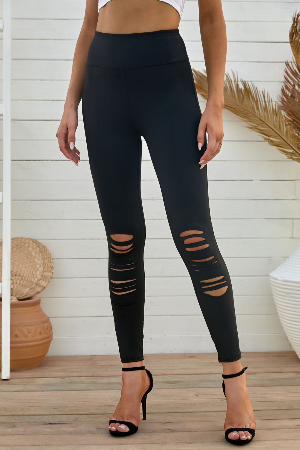 Women's Distressed Slim Fit Leggings with Wide Waistband