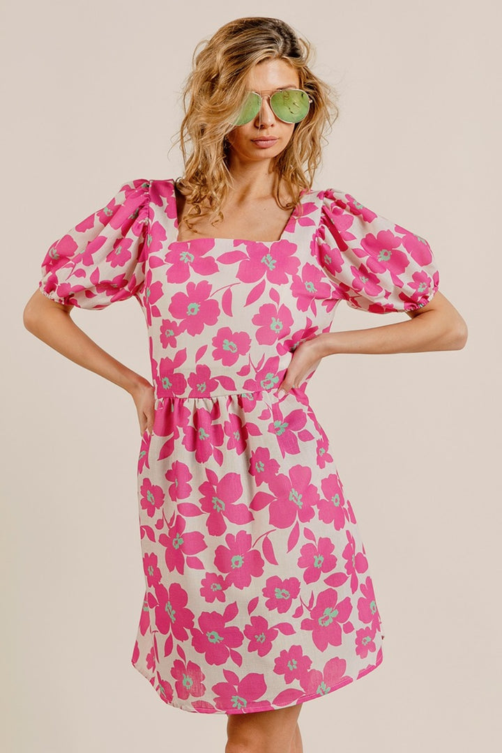 "Women's Square Neck Puff Sleeve Mini Dresses with BiBi Print"