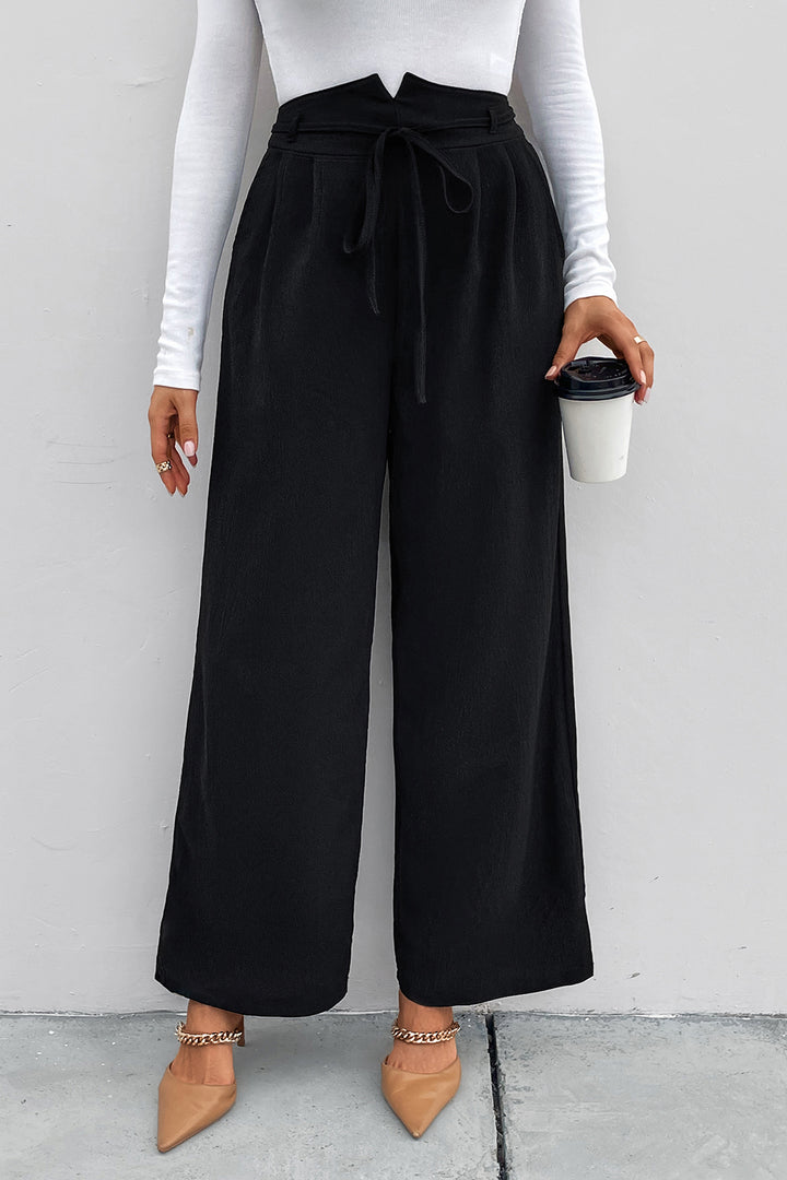 Women's Ruched Tie Front High Waist Wide Leg Pants