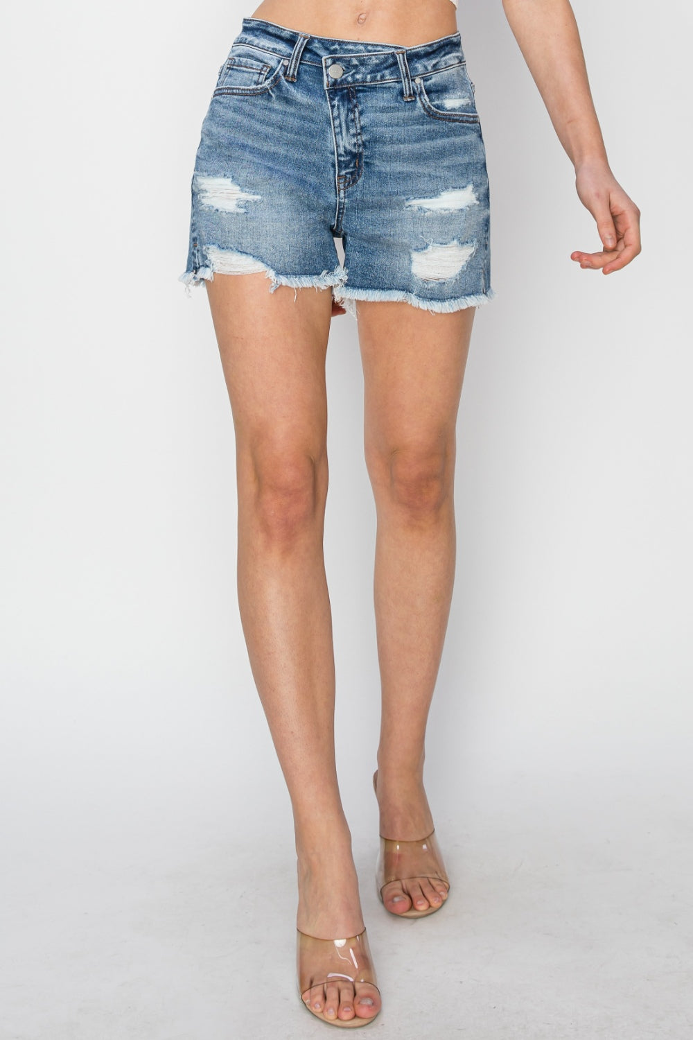 "Women's Stepped Waist Frayed Denim Shorts"