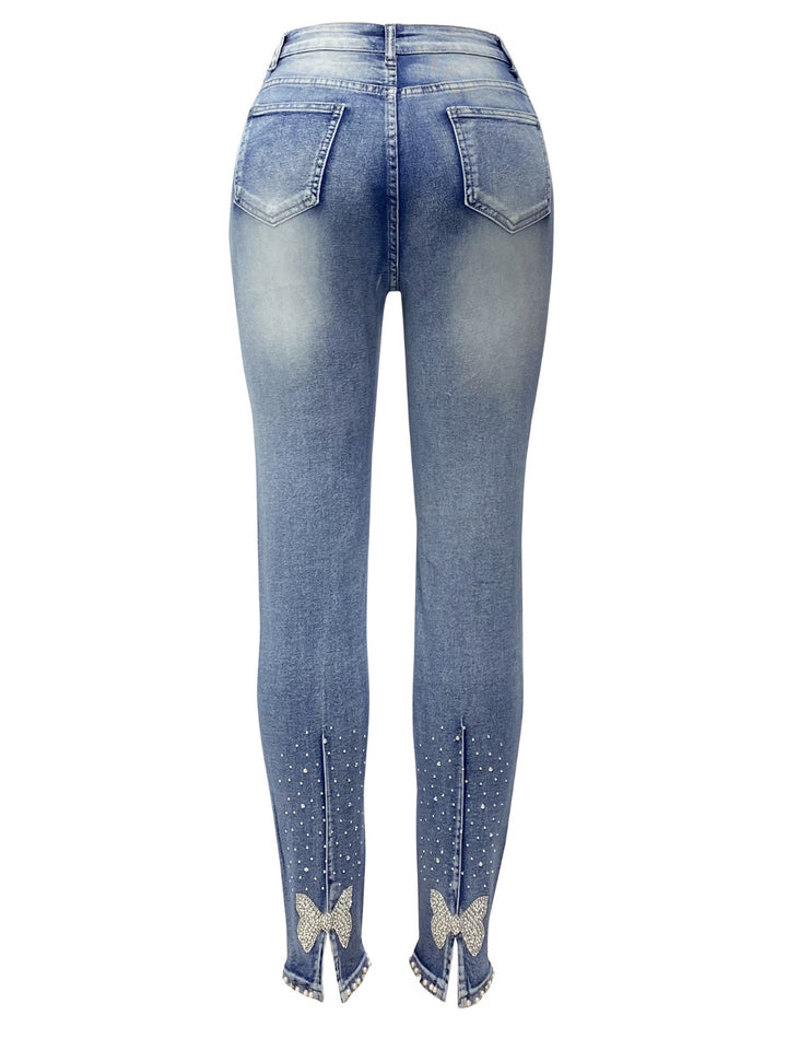 Women's Rhinestone Embellished Skinny Jeans with Pockets