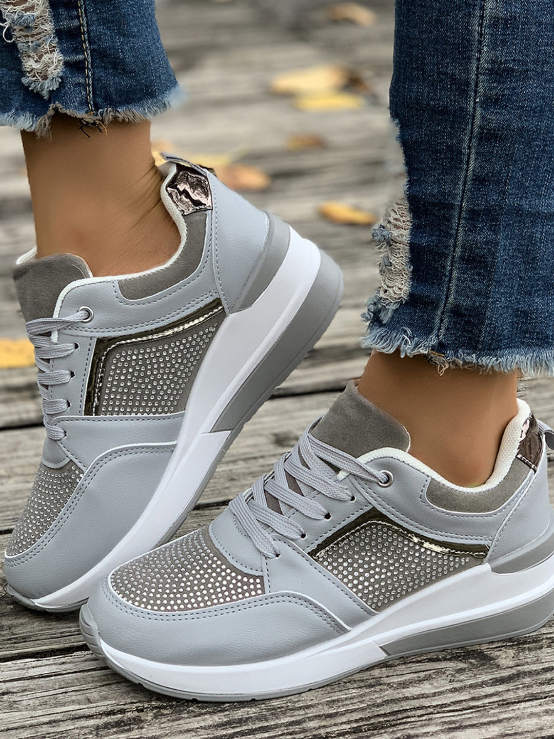 Lace-Up Rhinestone Wedge Sneakers