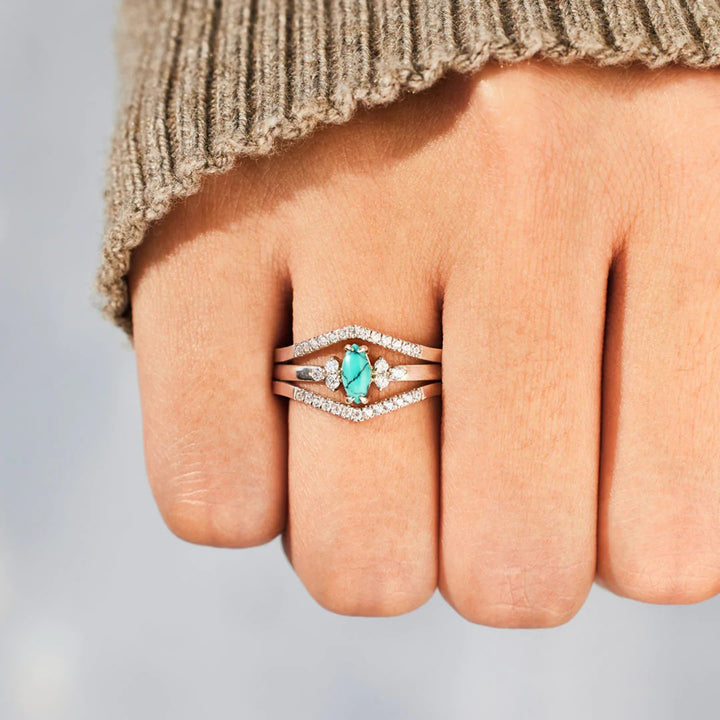 Women's Turquoise V Shape Zircon Inlaid Rings