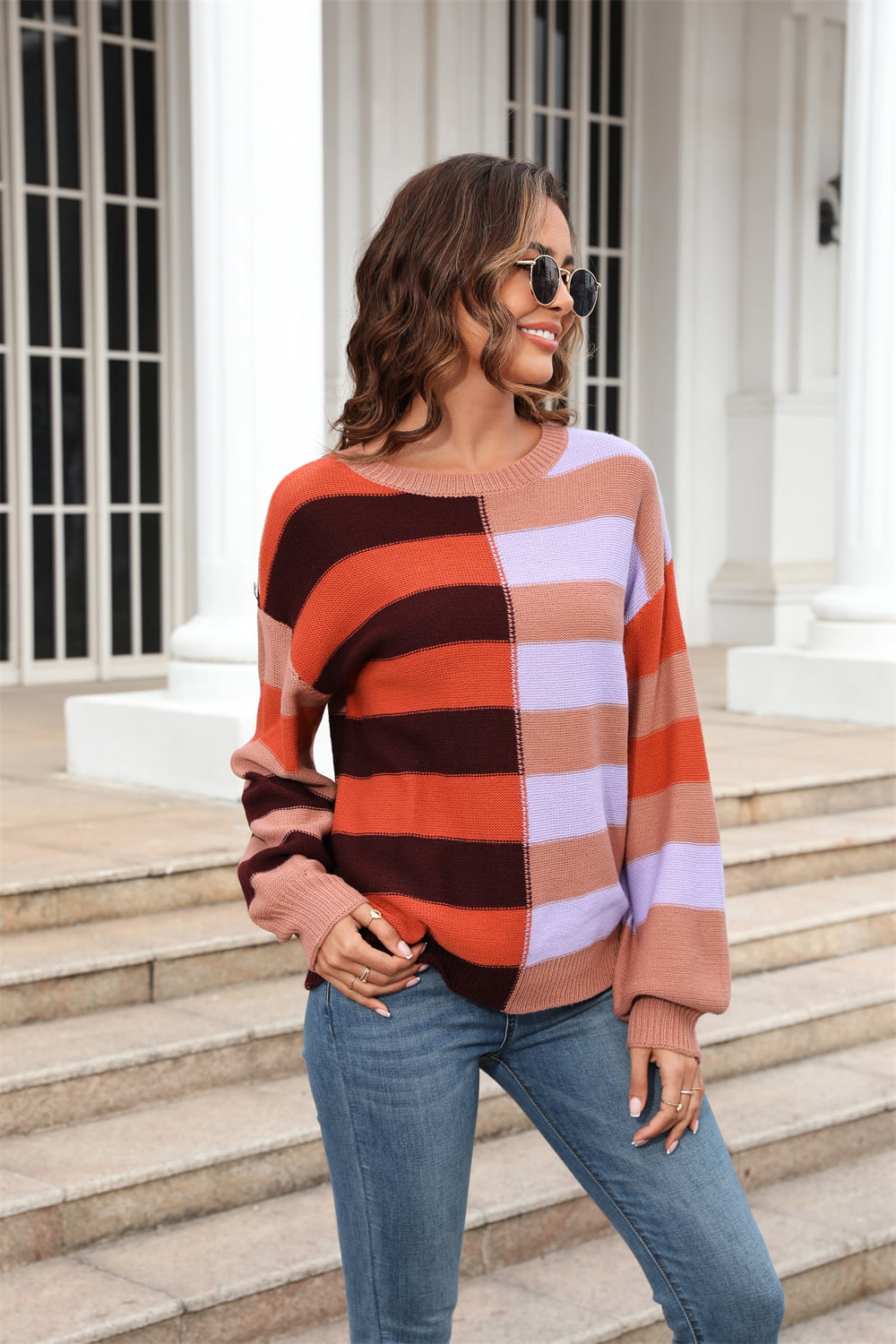 Women's Color Block Round Neck Dropped Shoulder Long Sleeve Sweater