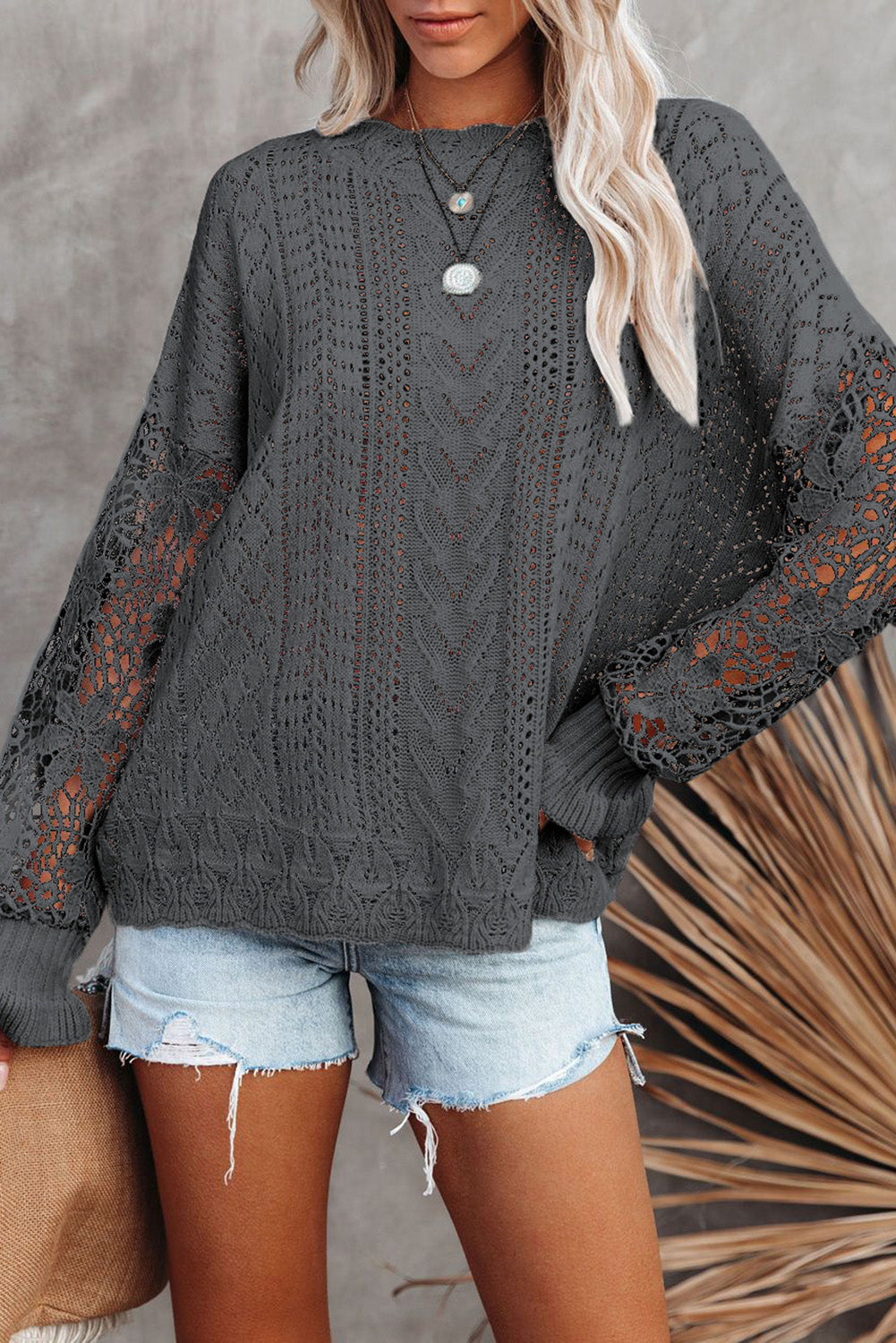 Women's Cozy Openwork Lantern Sleeve Sweater