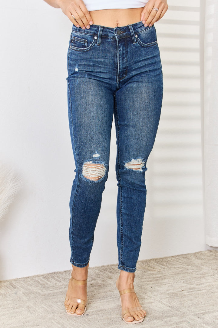 Women's Distressed Mid Waist Full Size Slim Fit Jeans