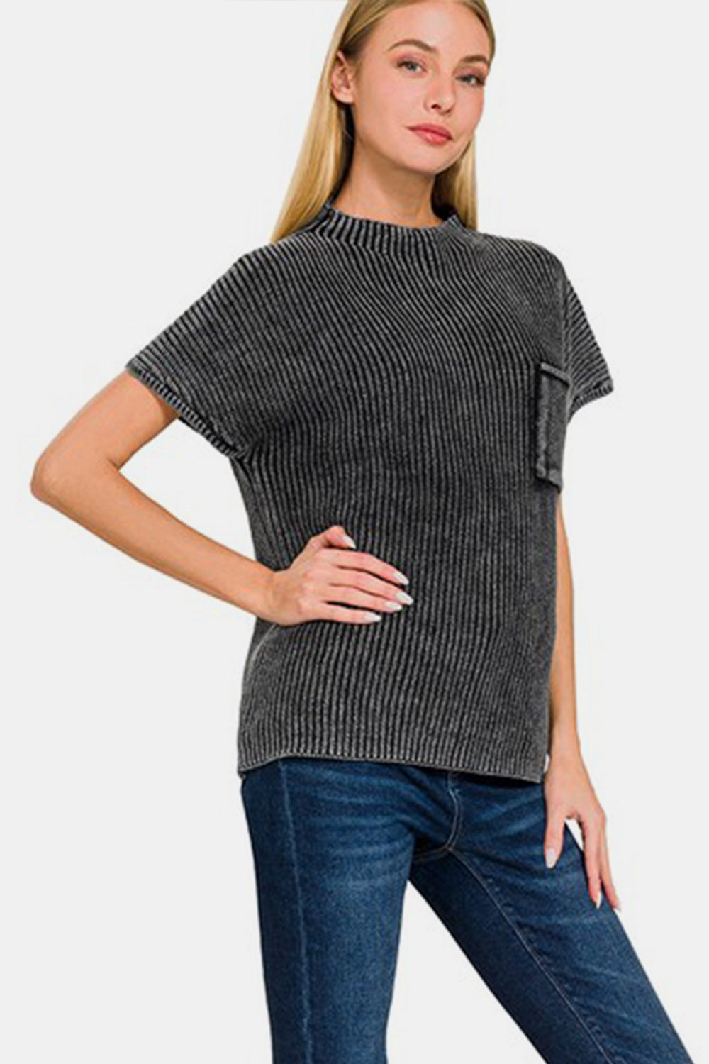 Women's Mock Neck Short Sleeve Pocketed Sweater