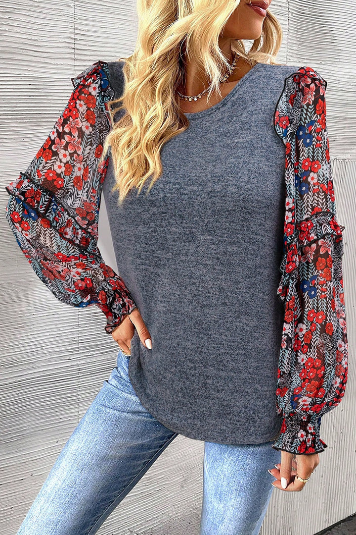 Women's Heathered Floral Frill Lantern Sleeve Blouse