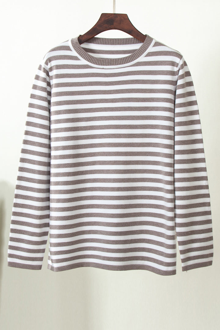 Women's Cozy Striped Sweater with Round Neck and Long Sleeves