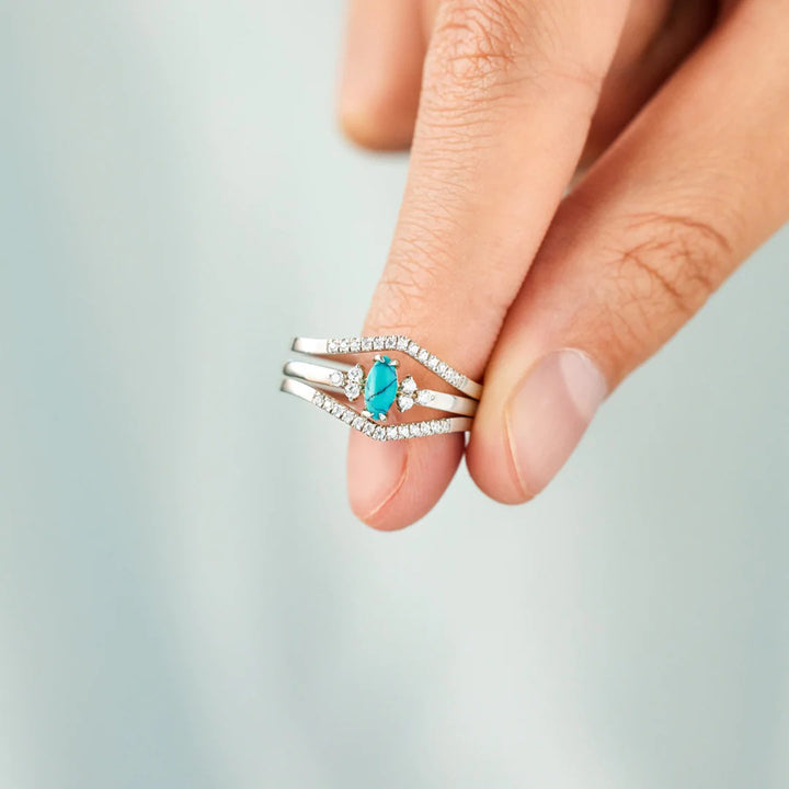 Women's Turquoise V Shape Zircon Inlaid Rings