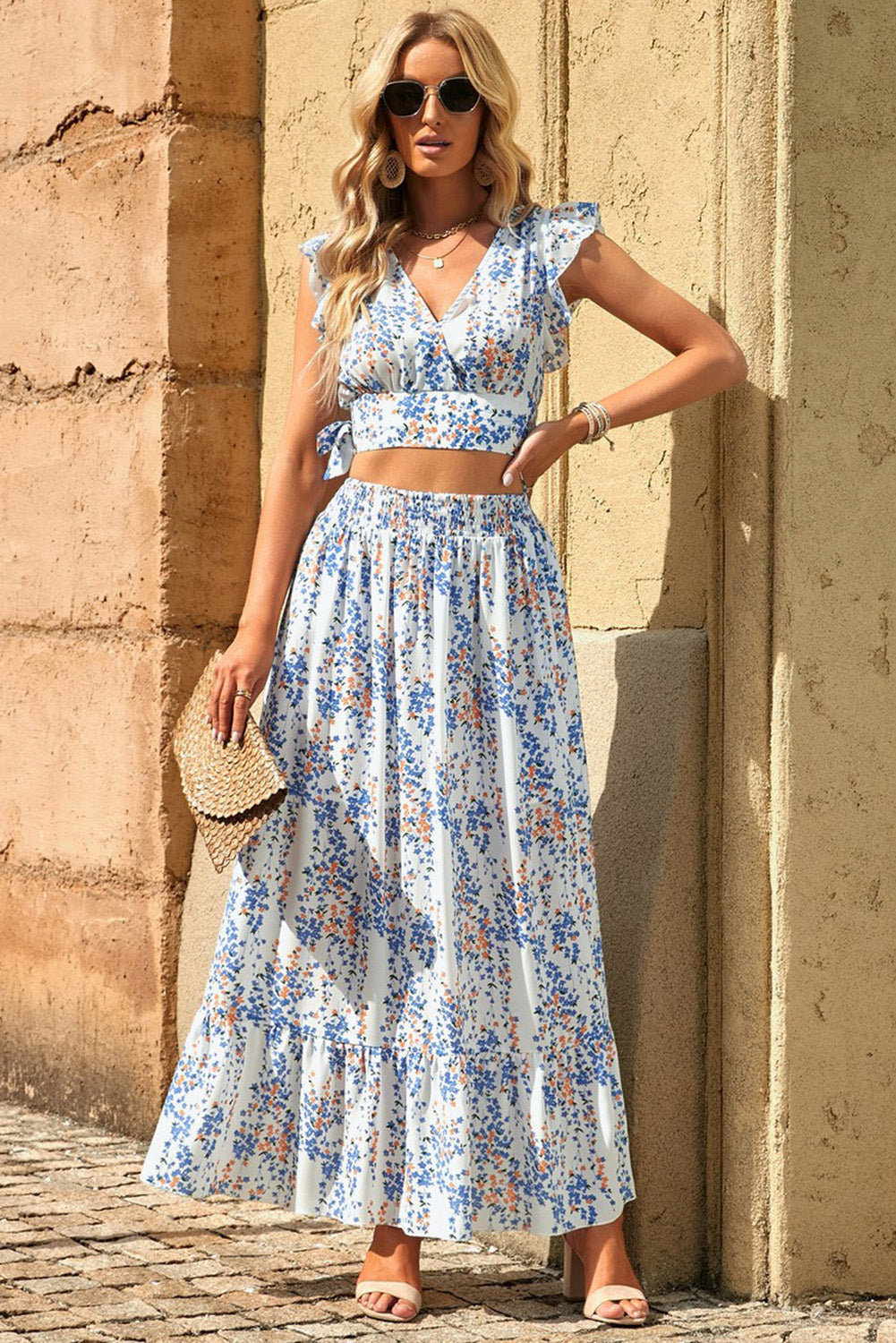 Women's Printed Tie Back Cropped Top and Maxi Skirt Set (Skirt)