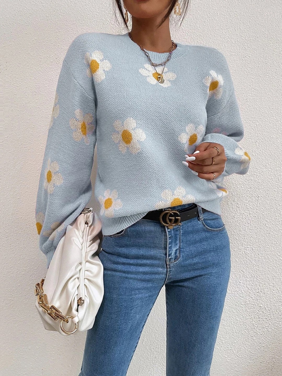 Women's Denim Floral Lantern Sleeve Sweater