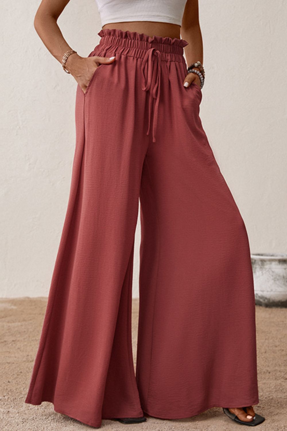 Women's Smocked Paperbag Waist Wide Leg Pants