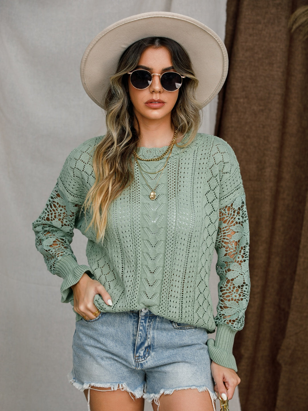 Women's Cozy Eyelet Crochet Lantern Sleeve Sweater