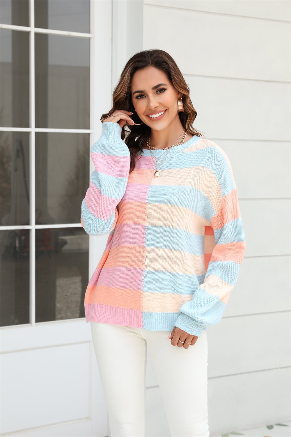 Women's Color Block Round Neck Dropped Shoulder Long Sleeve Sweater