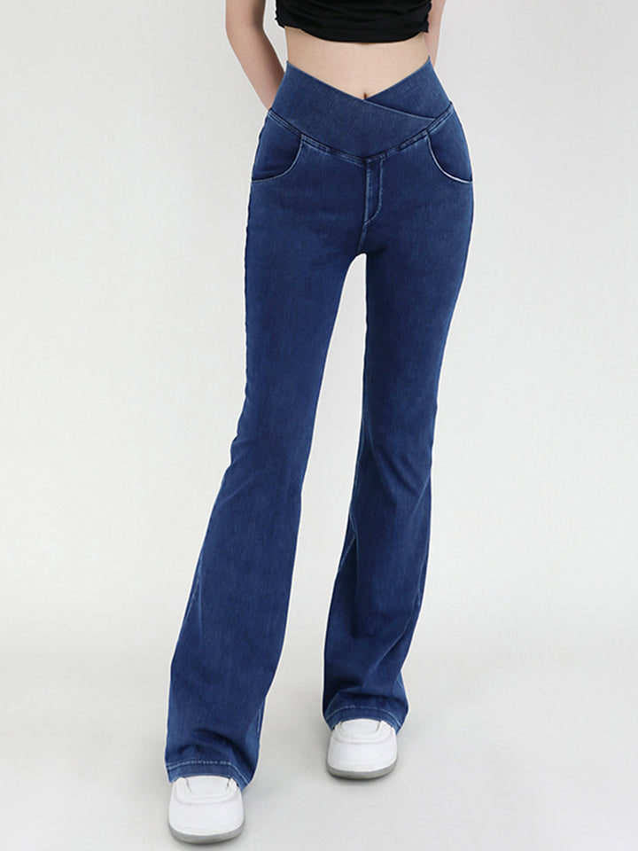 Women's Bootcut Jeans with Wide Waistband and Pockets