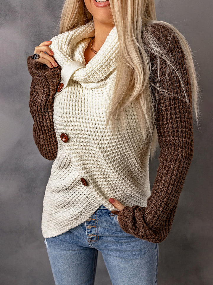 Women's Cozy Turtleneck Sweater with Decorative Buttons