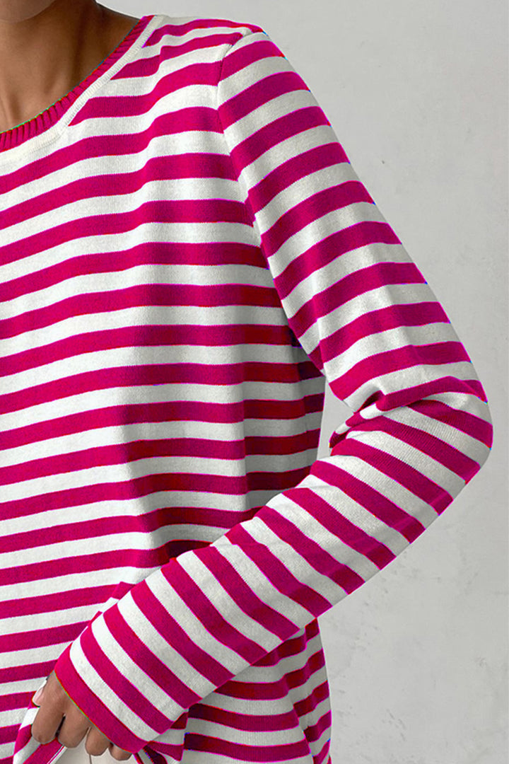 Women's Cozy Striped Sweater with Round Neck and Long Sleeves