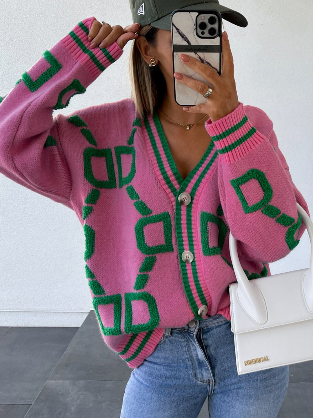 Women's Geometric Drop Shoulder Sweater Cardigan