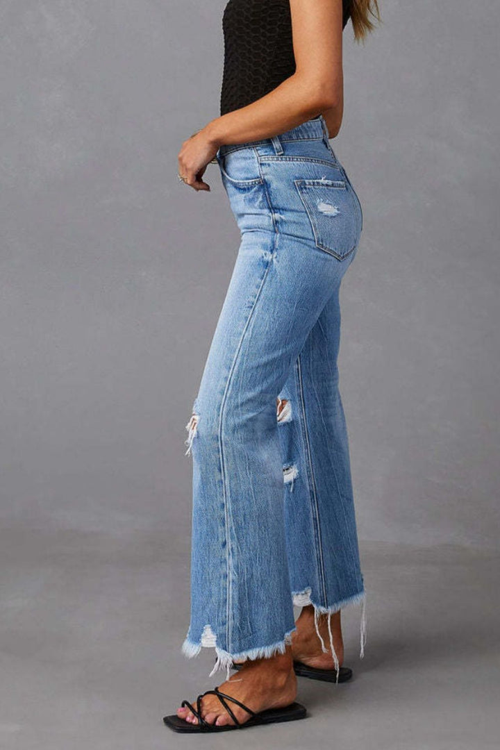 Women's Classic Distressed Raw Hem Jeans with Pockets