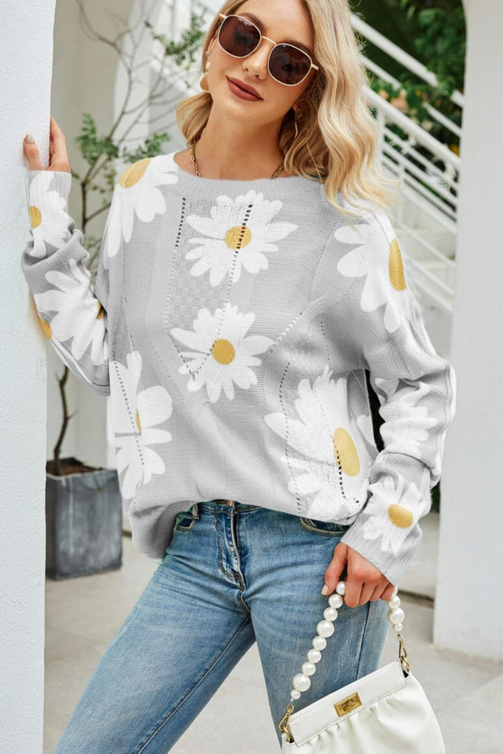 Women's Openwork Floral Daisy Print Round Neck Sweater