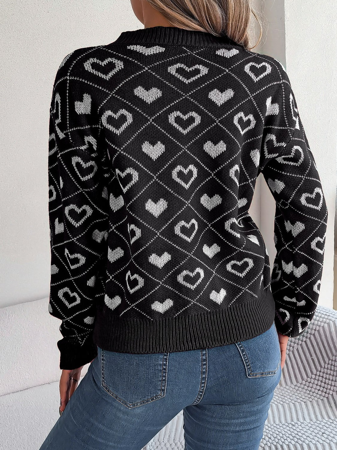 Women's Cozy Heart Print V-Neck Sweater