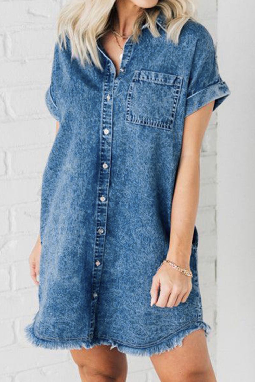 Women's Denim Dresses with Raw Hem and Cap Sleeves