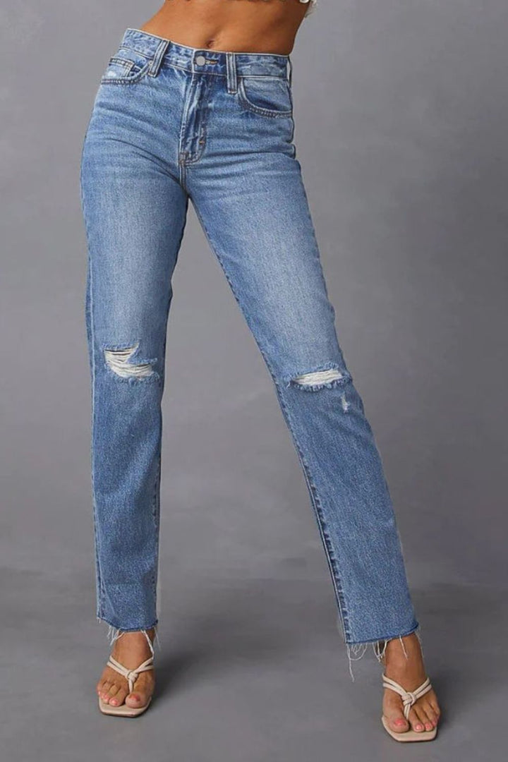 Women's Raw Edge Straight Leg Denim Jeans with Distressed Finish and Pockets