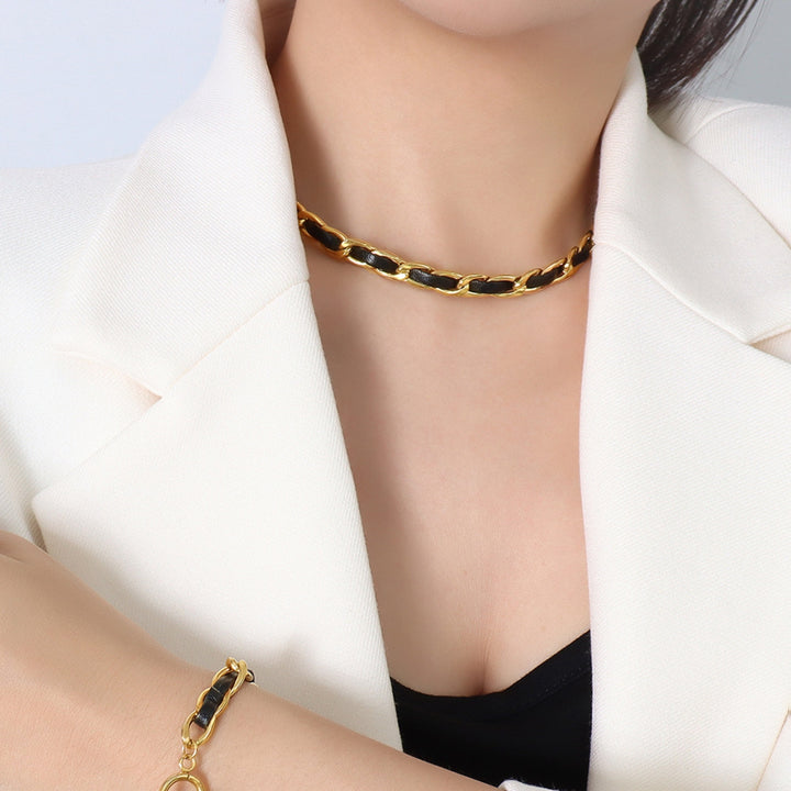 Women's Leather Chain Necklace with 18K Gold Plating