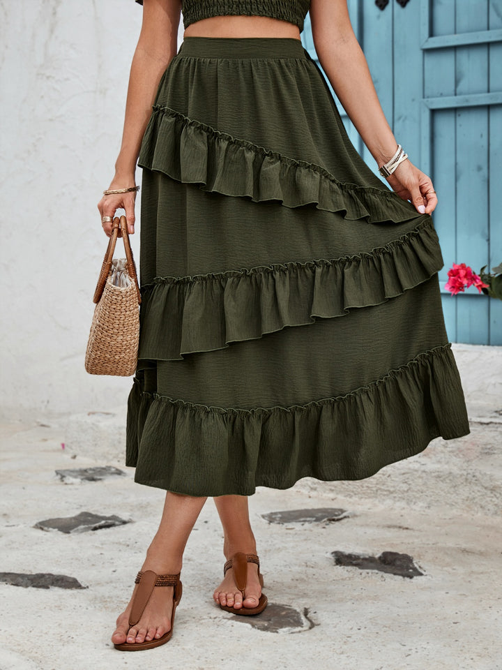 "Women's Ruffled Elastic Waist Midi Skirt"