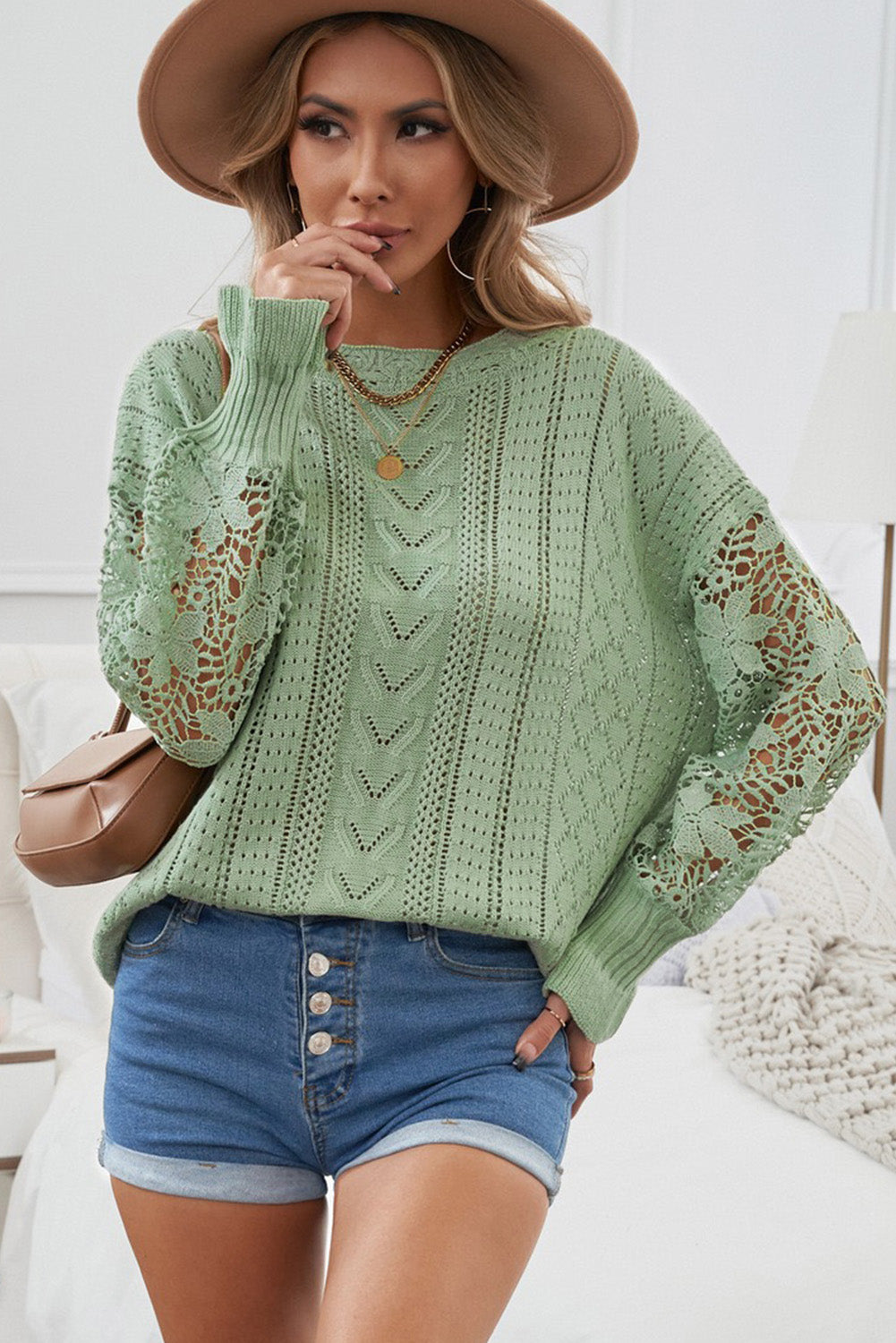 Women's Cozy Openwork Lantern Sleeve Sweater