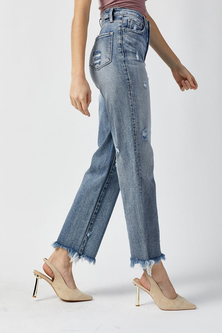 Women's Raw Hem High Waist Straight Leg Jeans