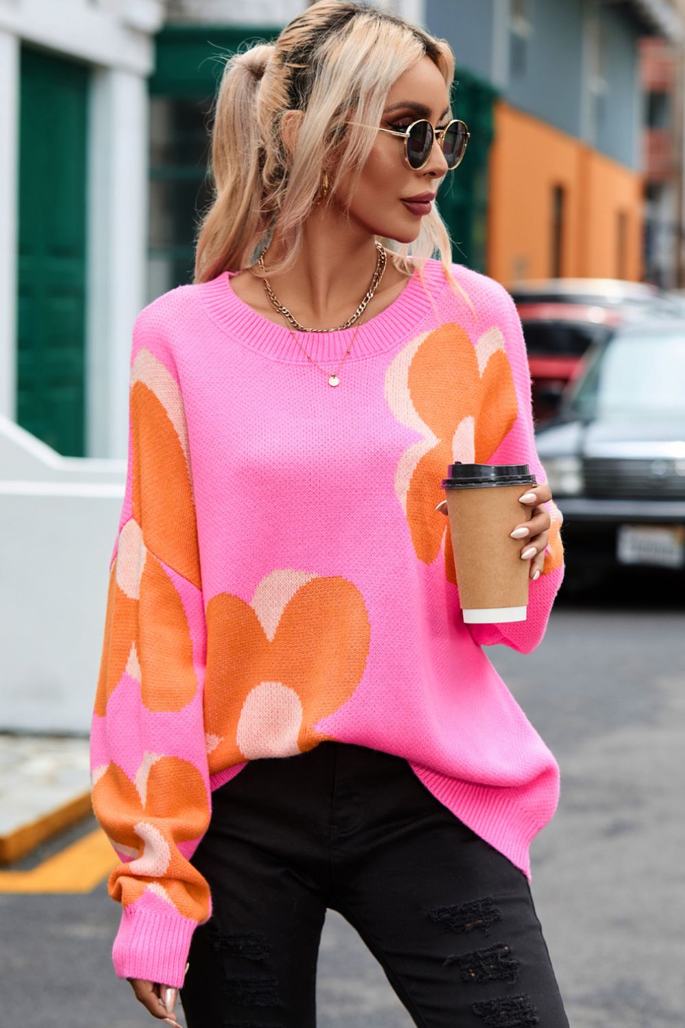 Women's Floral Round Neck Dropped Shoulder Sweater