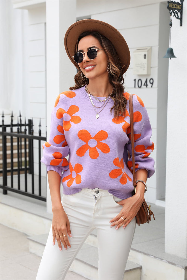 Women's Cozy Floral Sweater with Round Neck and Dropped Shoulder