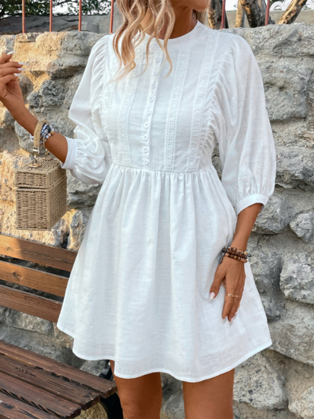 Lace Detail Half Button Three-Quarter Sleeve Dress