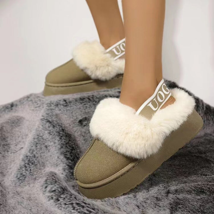 Plush Platform Slippers with Letter Strap