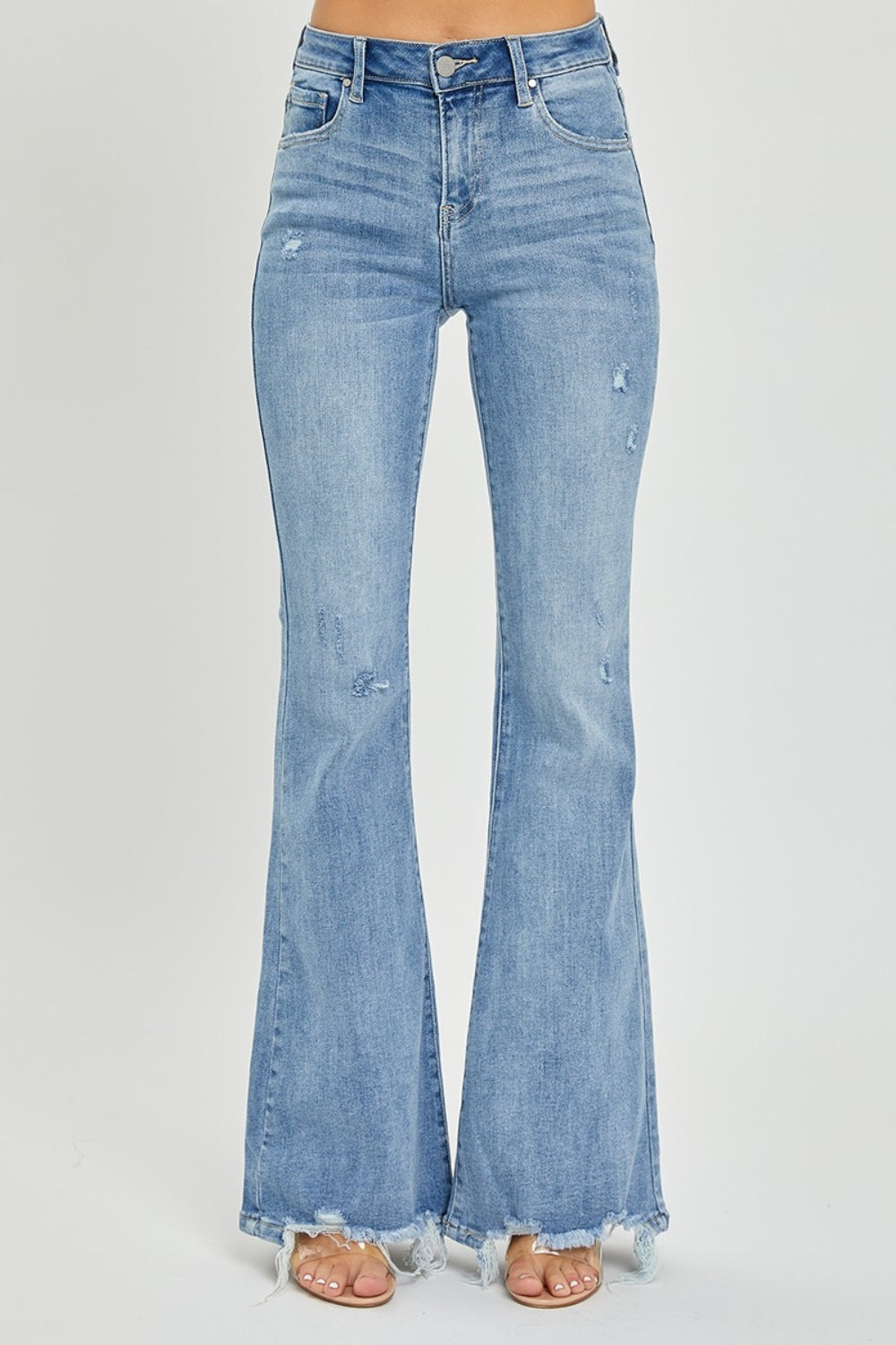 Risen Full Size High Rise Frayed Hem Flare Jeans